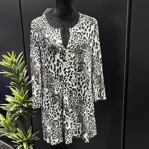 Jordan Taylor Leopard print,sheer,light,round V-cut neck,long sleeve top/coverup